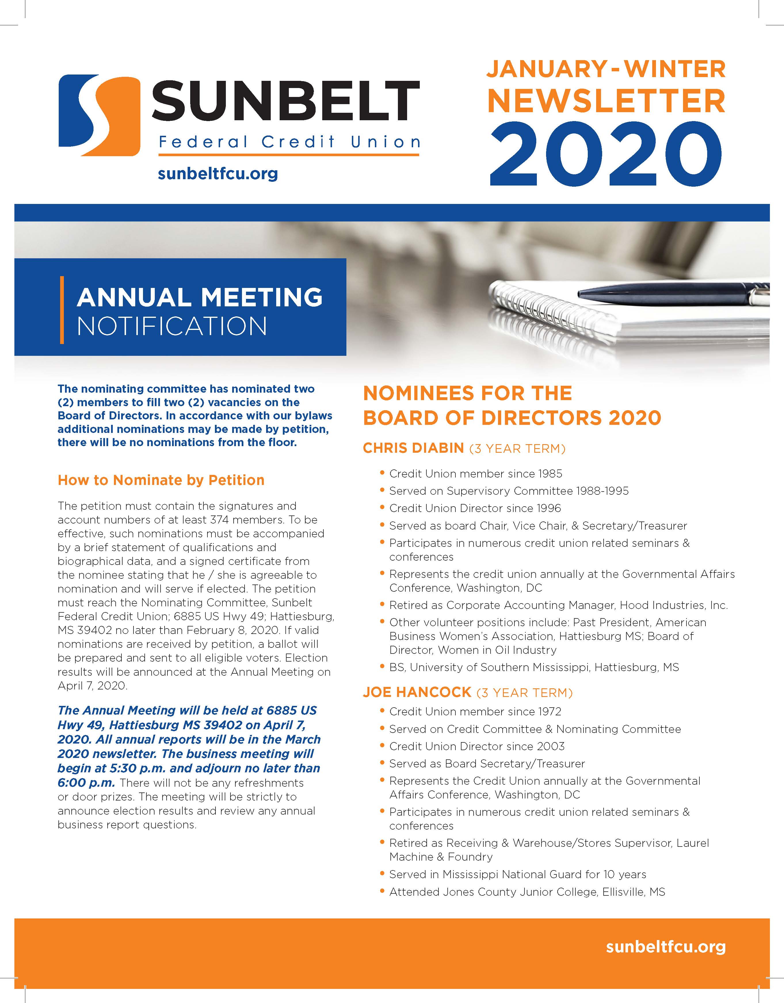 Sunbelt Federal Credit Union Winter 2020 Newsletter